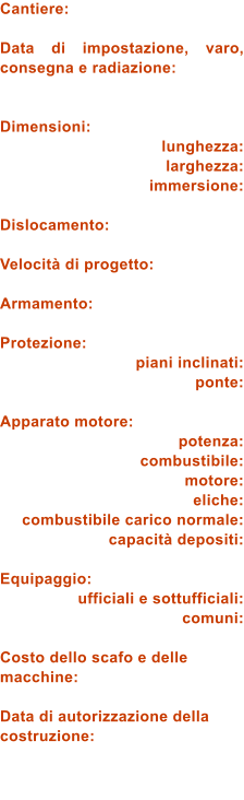 Cantiere:  Data di impostazione, varo, consegna e radiazione:   Dimensioni: lunghezza: larghezza: immersione:  Dislocamento:  Velocit di progetto:  Armamento:  Protezione: piani inclinati: ponte:  Apparato motore: potenza: combustibile: motore: eliche: combustibile carico normale: capacit depositi:  Equipaggio: ufficiali e sottufficiali: comuni:  Costo dello scafo e delle macchine:  Data di autorizzazione della costruzione: