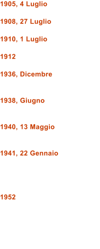 1905, 4 Luglio  1908, 27 Luglio  1910, 1 Luglio  1912  1936, Dicembre   1938, Giugno   1940, 13 Maggio   1941, 22 Gennaio     1952