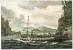 Uno dei primi piroscafi di Fulton in navigazione sul fiume Hudson, da un disegno dell'epoca