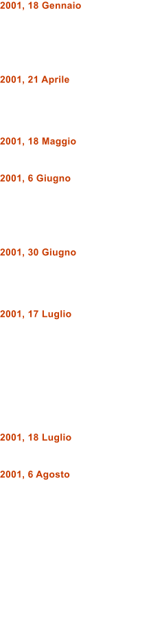 2001, 18 Gennaio      2001, 21 Aprile     2001, 18 Maggio   2001, 6 Giugno      2001, 30 Giugno     2001, 17 Luglio          2001, 18 Luglio   2001, 6 Agosto