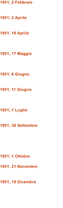 1951, 2 Febbraio   1951, 2 Aprile   1951, 16 Aprile    1951, 17 Maggio    1951, 6 Giugno   1951, 11 Giugno    1951, 1 Luglio   1951, 30 Settembre      1951, 1 Ottobre  1951, 21 Novembre   1951, 19 Dicembre