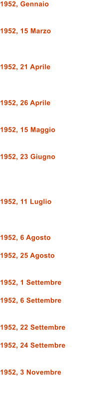 1952, Gennaio   1952, 15 Marzo    1952, 21 Aprile    1952, 26 Aprile   1952, 15 Maggio   1952, 23 Giugno     1952, 11 Luglio    1952, 6 Agosto  1952, 25 Agosto   1952, 1 Settembre  1952, 6 Settembre   1952, 22 Settembre  1952, 24 Settembre   1952, 3 Novembre