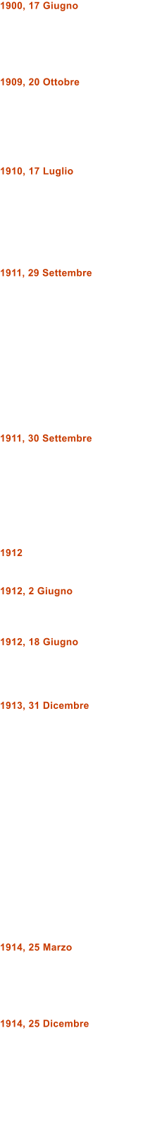 1900, 17 Giugno      1909, 20 Ottobre       1910, 17 Luglio        1911, 29 Settembre             1911, 30 Settembre         1912   1912, 2 Giugno    1912, 18 Giugno     1913, 31 Dicembre                   1914, 25 Marzo      1914, 25 Dicembre